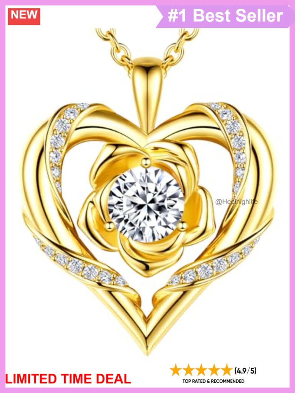 S925 Silver Heart Rose Moissanite Necklace 18K Gold Plated